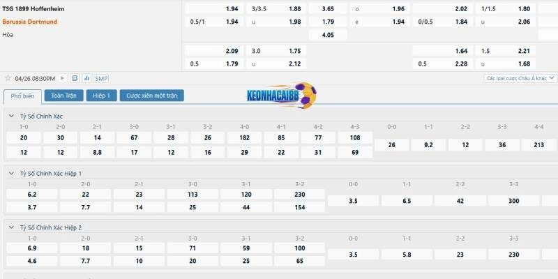 Tỉ lệ kèo trận Hoffenheim vs Dortmund