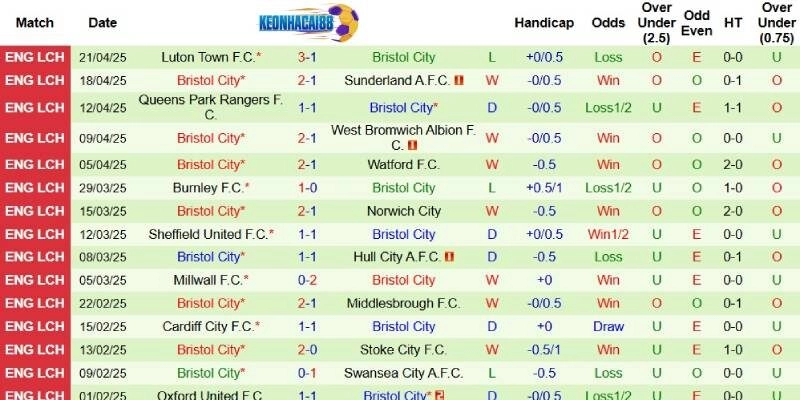 Thành tích mới nhất phía Bristol City