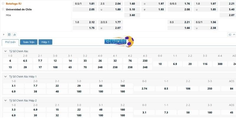 Tỉ lệ kèo trận Botafogo RJ vs Universidad de Chile, 7h30 ngày 28/5
