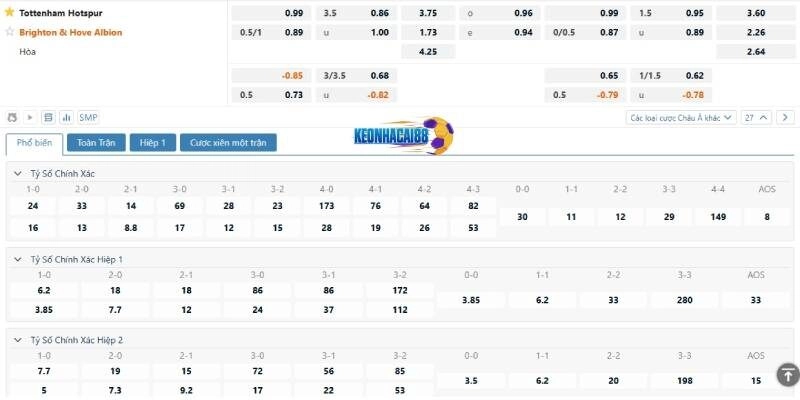 Tỷ lệ kèo trận Tottenham vs Brighton